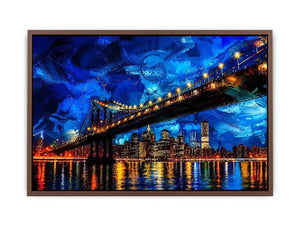 Modern city bridge nightscape painting with illuminated skyline and blue urban reflections wall art