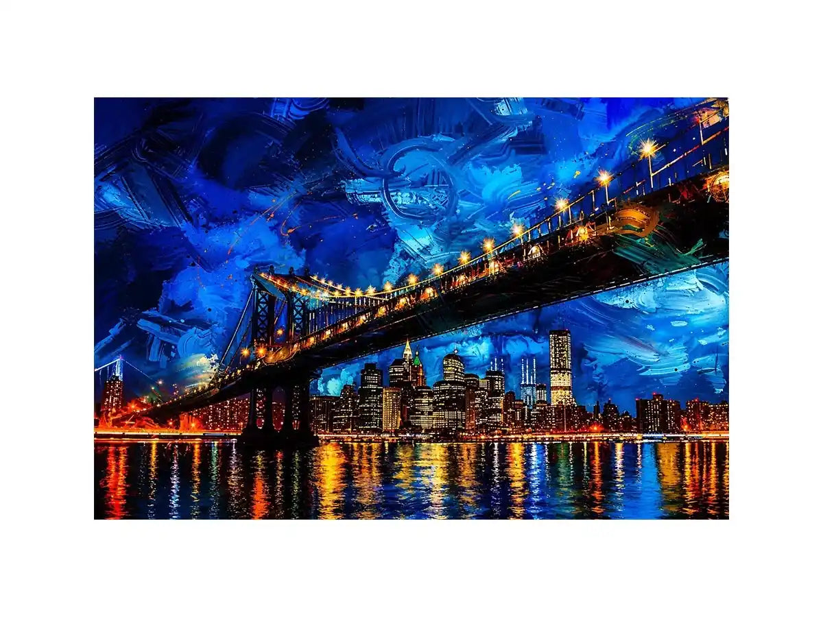Modern city bridge nightscape painting with illuminated skyline and blue urban reflections wall art