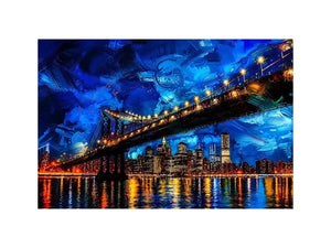 Modern city bridge nightscape painting with illuminated skyline and blue urban reflections wall art