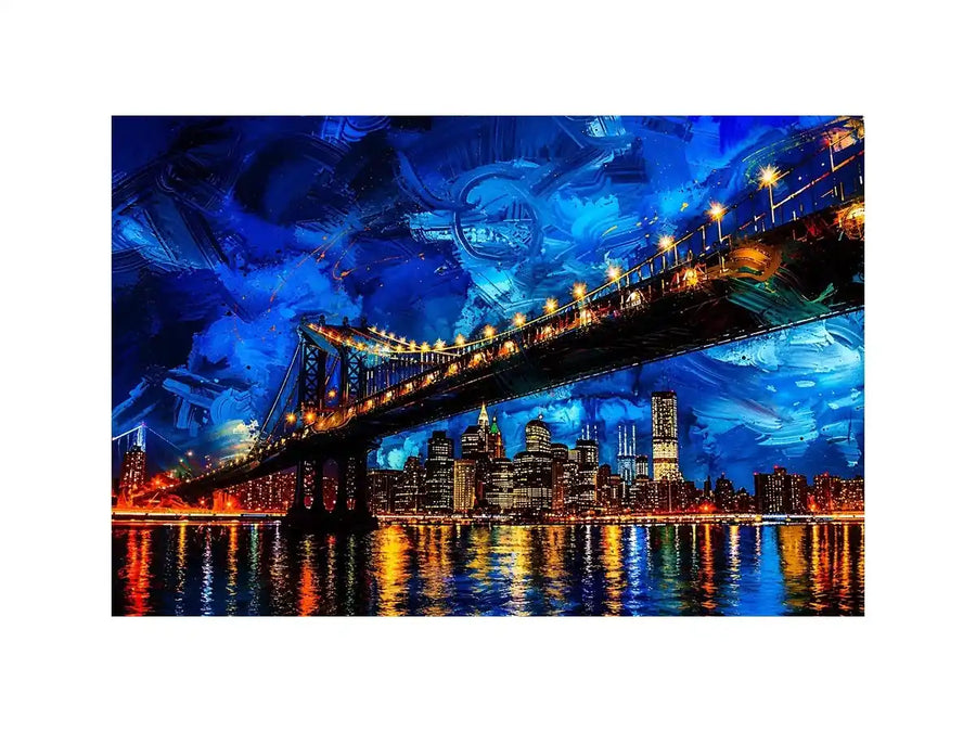 Modern city bridge nightscape painting with illuminated skyline and blue urban reflections wall art