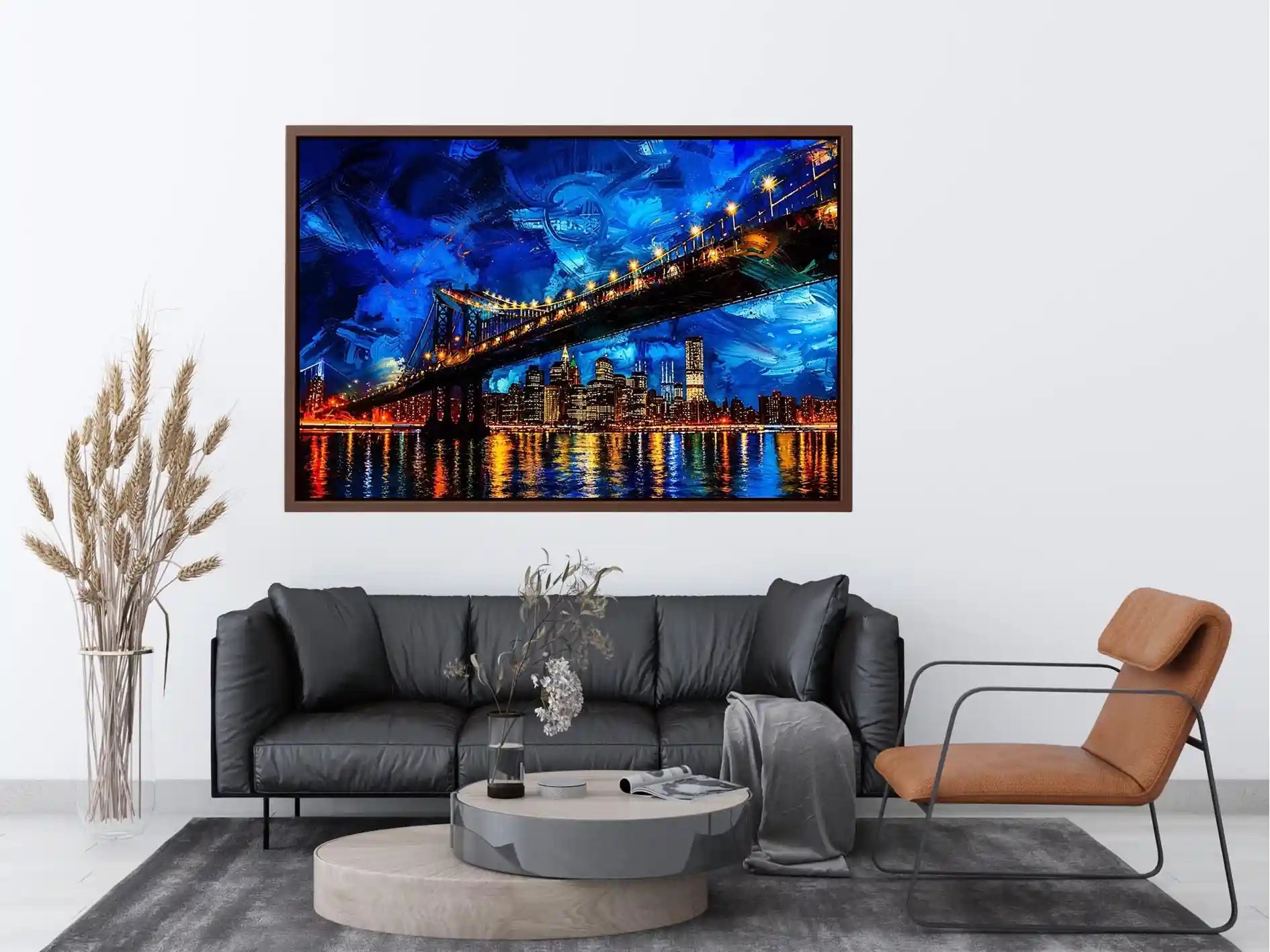 Modern city bridge nightscape painting with illuminated skyline and blue urban reflections wall art
