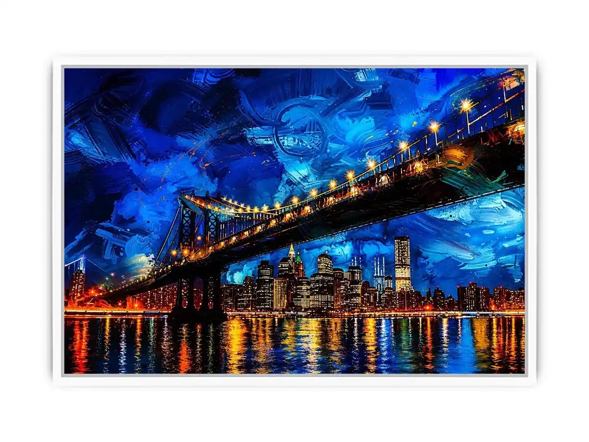 Modern city bridge nightscape painting with illuminated skyline and blue urban reflections wall art