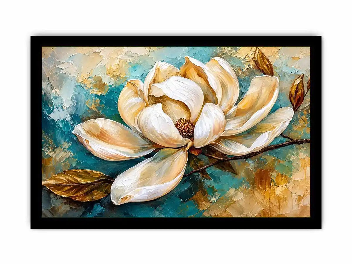 Elegant white magnolia flower painting with soft aqua background botanical wall art