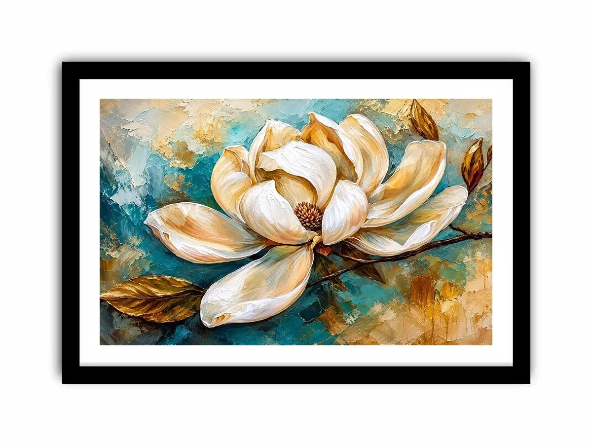 Elegant white magnolia flower painting with soft aqua background botanical wall art