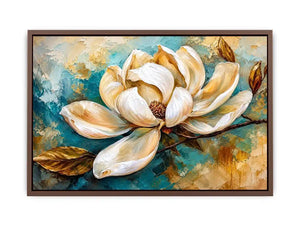 Elegant white magnolia flower painting with soft aqua background botanical wall art