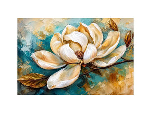 Elegant white magnolia flower painting with soft aqua background botanical wall art