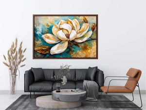 Elegant white magnolia flower painting with soft aqua background botanical wall art
