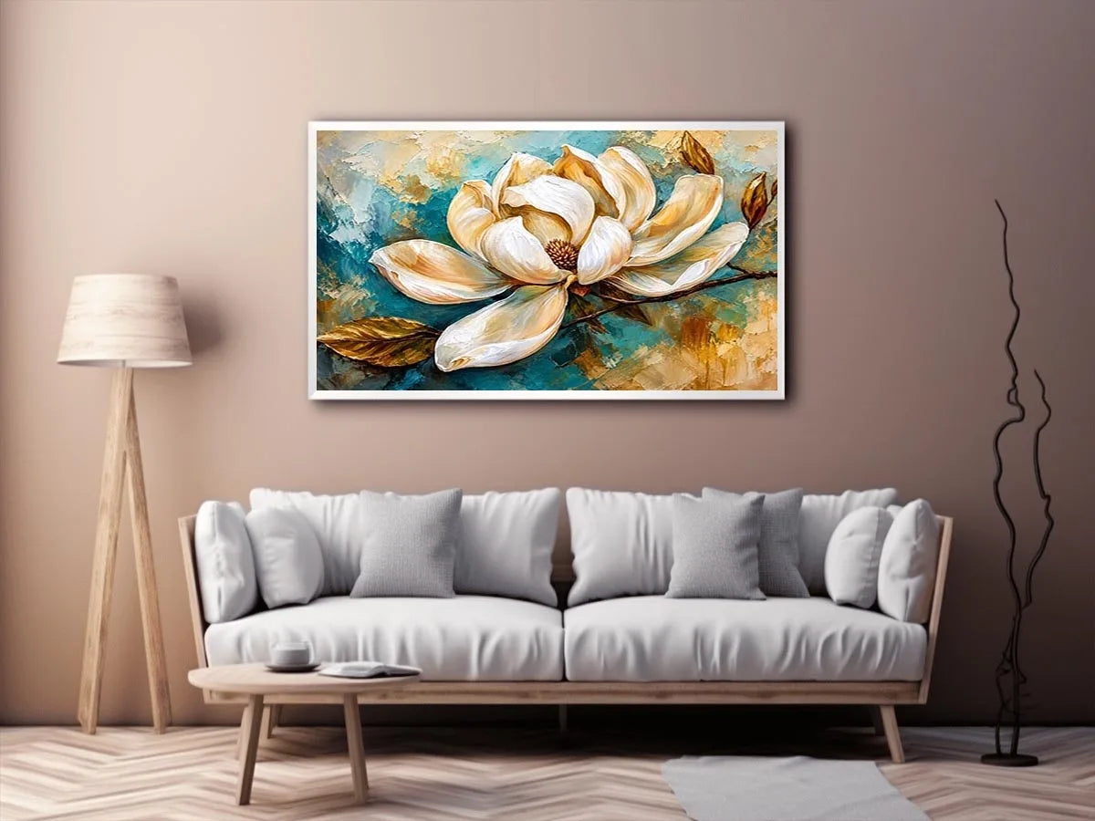 Elegant white magnolia flower painting with soft aqua background botanical wall art