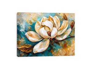 Elegant white magnolia flower painting with soft aqua background botanical wall art