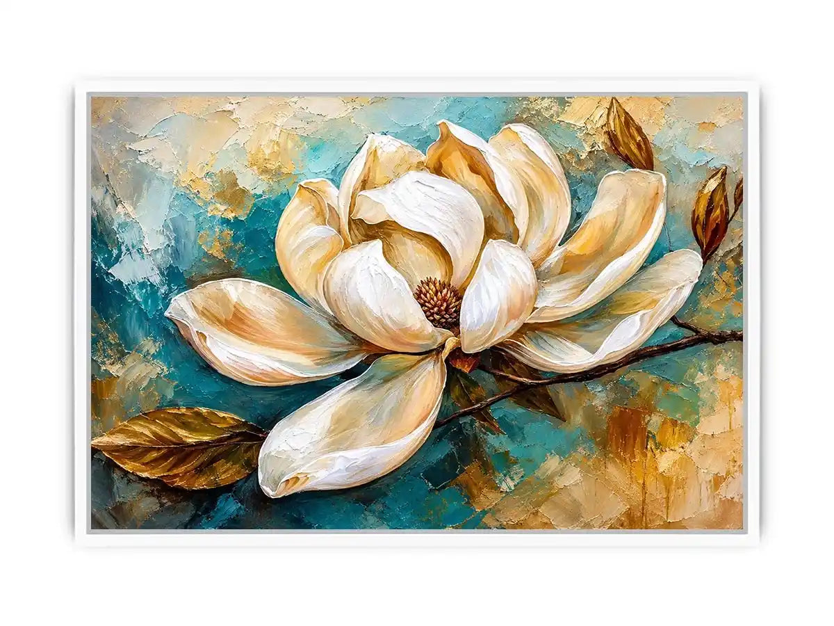 Elegant white magnolia flower painting with soft aqua background botanical wall art