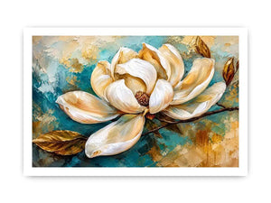 Elegant white magnolia flower painting with soft aqua background botanical wall art