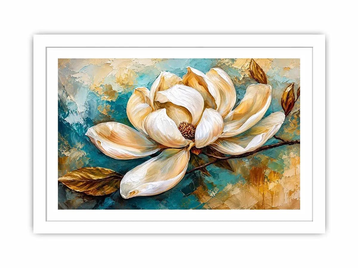 Elegant white magnolia flower painting with soft aqua background botanical wall art