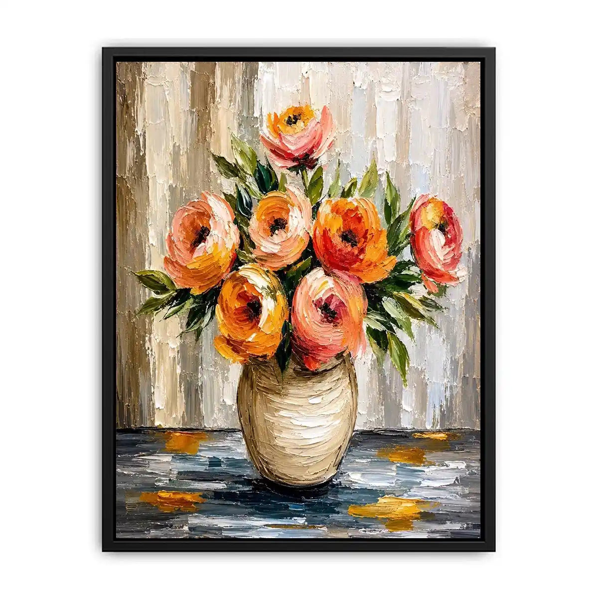 Modern abstract floral vase painting with blush pink flowers and textured neutral background wall art