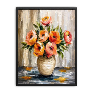 Modern abstract floral vase painting with blush pink flowers and textured neutral background wall art
