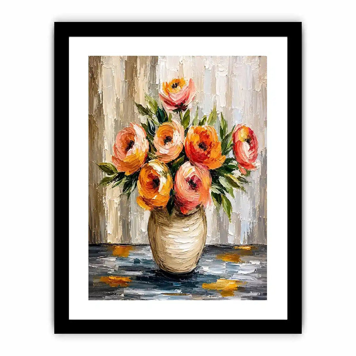 Modern abstract floral vase painting with blush pink flowers and textured neutral background wall art