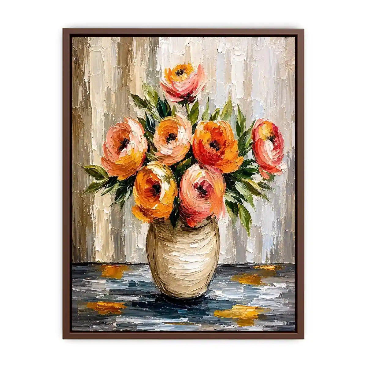 Modern abstract floral vase painting with blush pink flowers and textured neutral background wall art