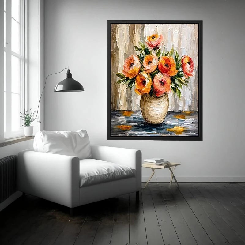 Modern abstract floral vase painting with blush pink flowers and textured neutral background wall art