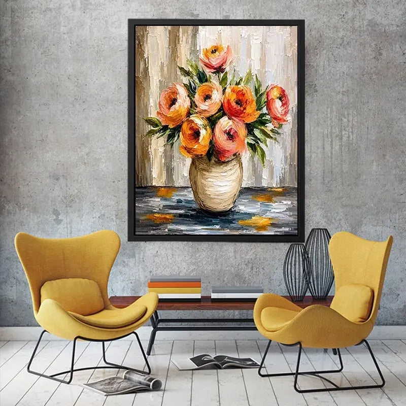 Modern abstract floral vase painting with blush pink flowers and textured neutral background wall art