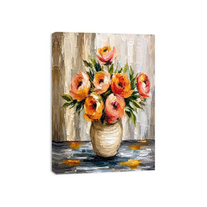 Modern abstract floral vase painting with blush pink flowers and textured neutral background wall art