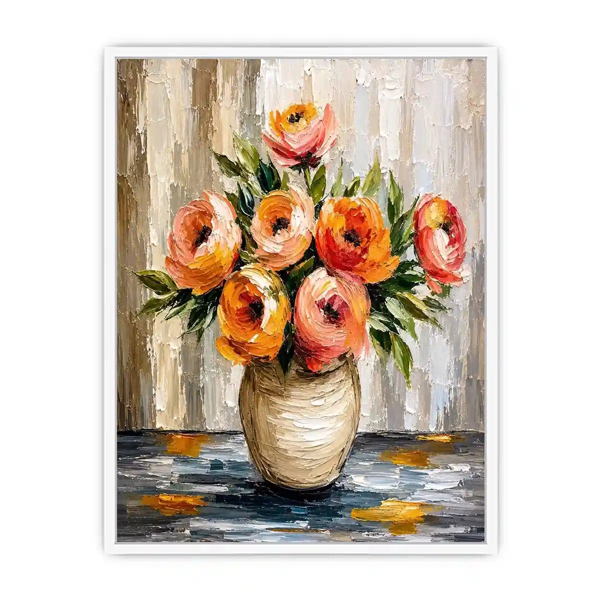 Modern abstract floral vase painting with blush pink flowers and textured neutral background wall art