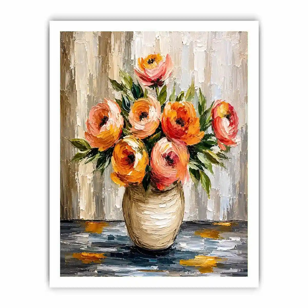 Modern abstract floral vase painting with blush pink flowers and textured neutral background wall art