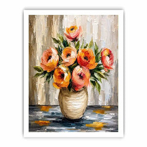Modern abstract floral vase painting with blush pink flowers and textured neutral background wall art