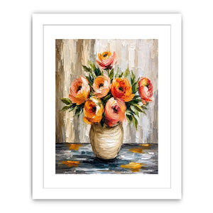 Modern abstract floral vase painting with blush pink flowers and textured neutral background wall art