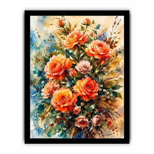 Elegant watercolor rose bouquet painting with peach coral flowers and soft botanical background wall art