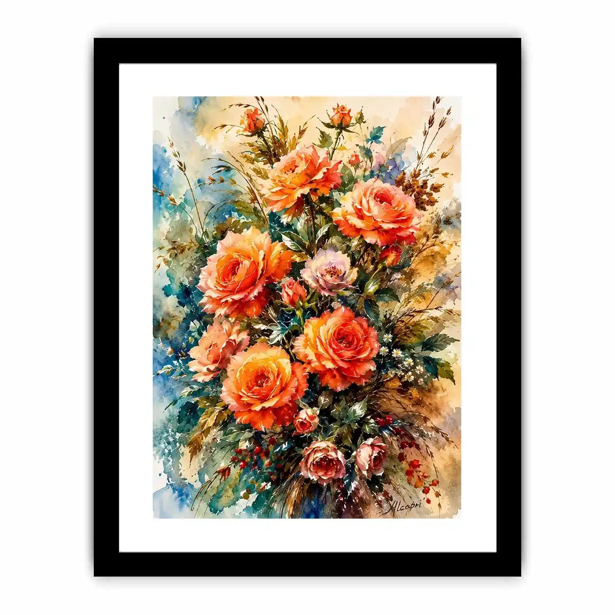 Elegant watercolor rose bouquet painting with peach coral flowers and soft botanical background wall art