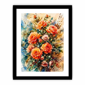 Elegant watercolor rose bouquet painting with peach coral flowers and soft botanical background wall art
