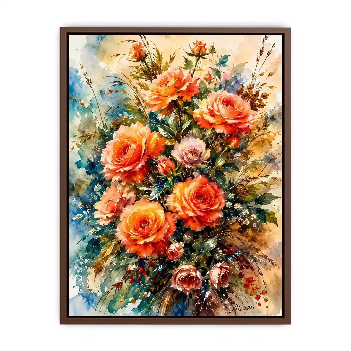 Elegant watercolor rose bouquet painting with peach coral flowers and soft botanical background wall art