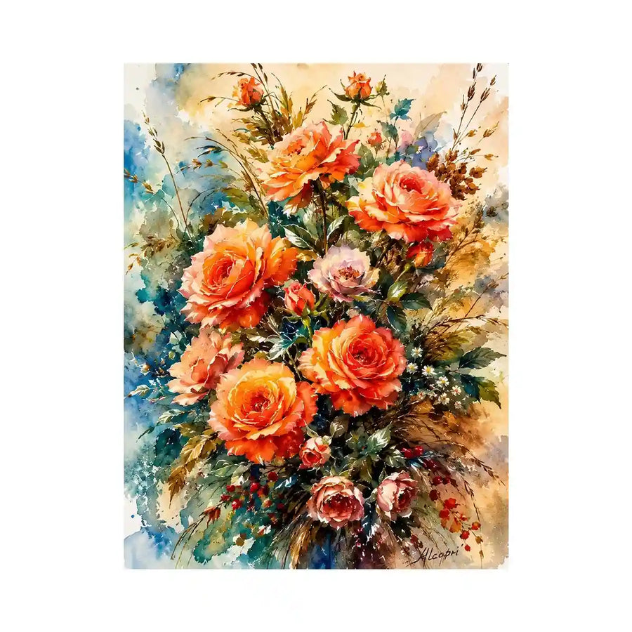 Elegant watercolor rose bouquet painting with peach coral flowers and soft botanical background wall art
