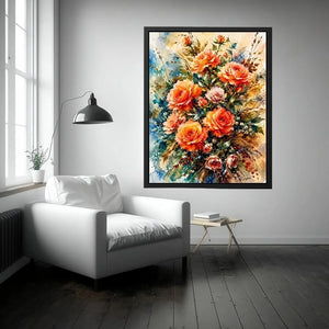 Elegant watercolor rose bouquet painting with peach coral flowers and soft botanical background wall art