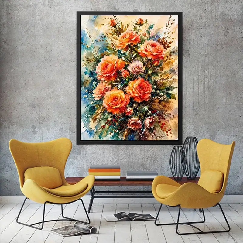Elegant watercolor rose bouquet painting with peach coral flowers and soft botanical background wall art