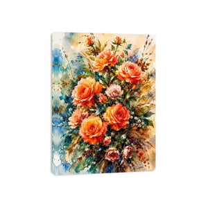 Elegant watercolor rose bouquet painting with peach coral flowers and soft botanical background wall art