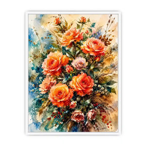 Elegant watercolor rose bouquet painting with peach coral flowers and soft botanical background wall art