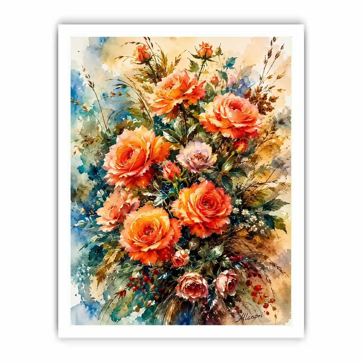 Elegant watercolor rose bouquet painting with peach coral flowers and soft botanical background wall art