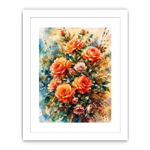Elegant watercolor rose bouquet painting with peach coral flowers and soft botanical background wall art
