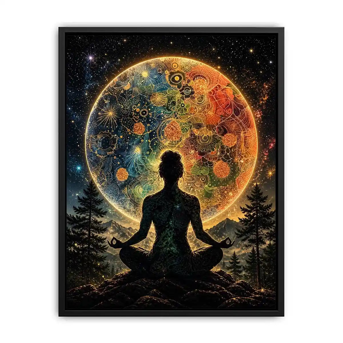 Meditating silhouette with cosmic mandala universe background and colorful celestial patterns