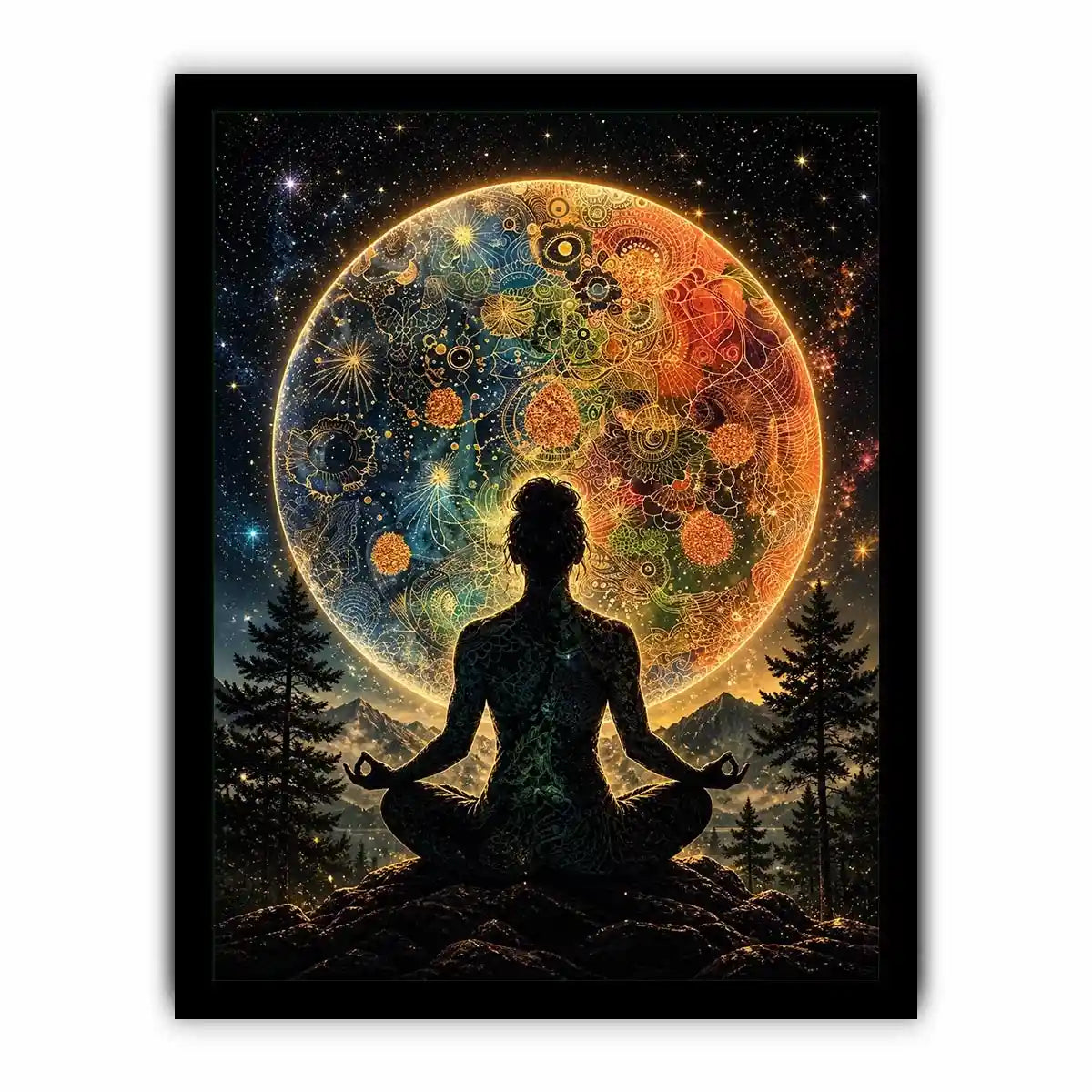 Meditating silhouette with cosmic mandala universe background and colorful celestial patterns