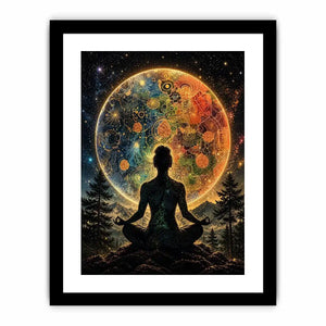 Meditating silhouette with cosmic mandala universe background and colorful celestial patterns