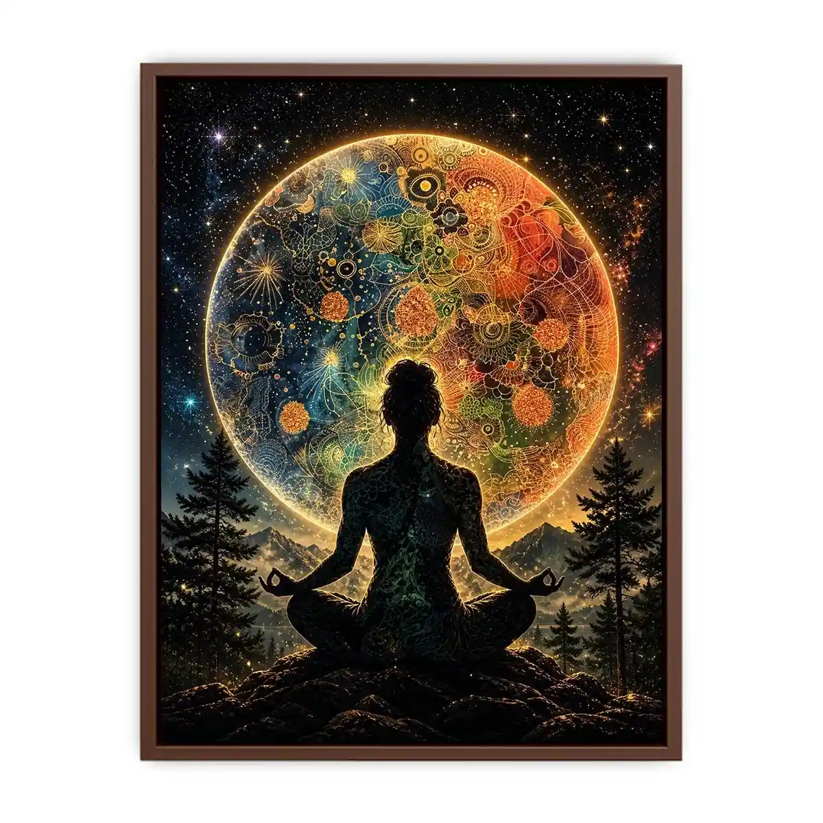 Meditating silhouette with cosmic mandala universe background and colorful celestial patterns