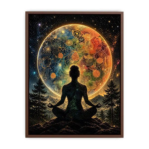 Meditating silhouette with cosmic mandala universe background and colorful celestial patterns
