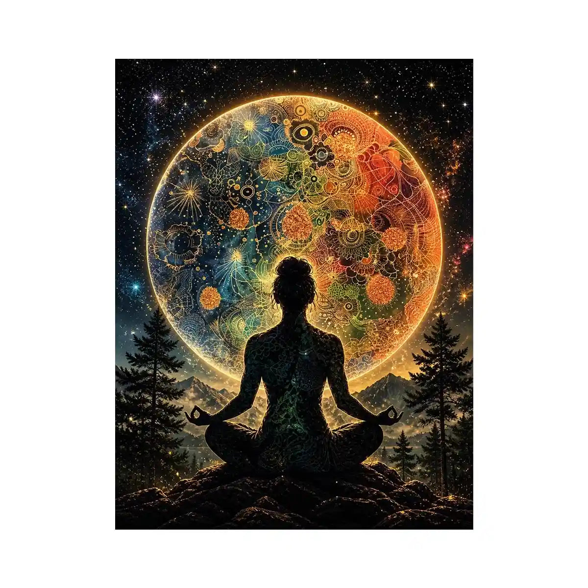 Meditating silhouette with cosmic mandala universe background and colorful celestial patterns