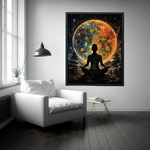 Meditating silhouette with cosmic mandala universe background and colorful celestial patterns