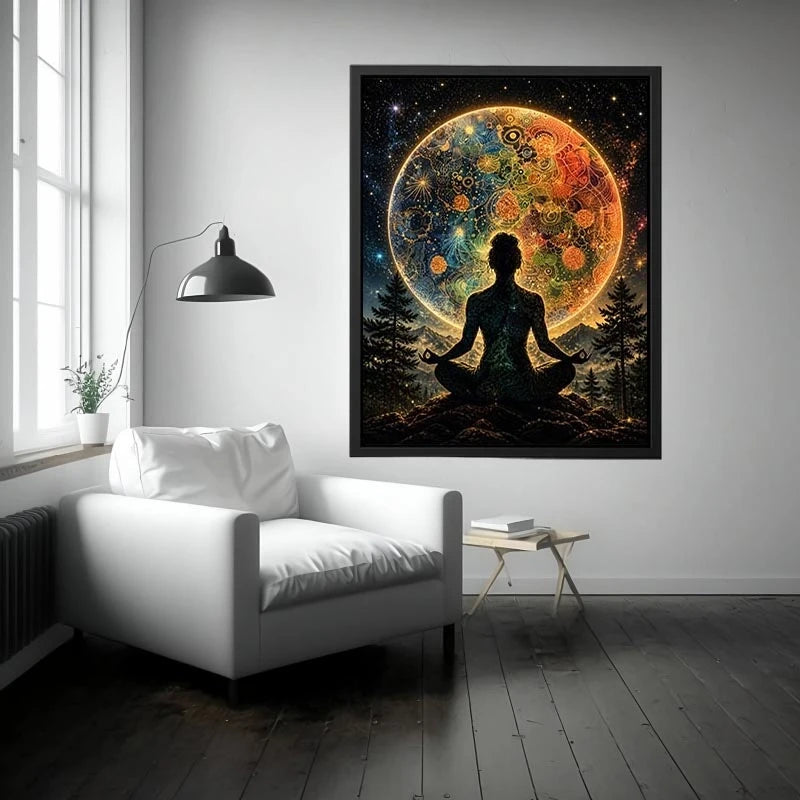 Meditating silhouette with cosmic mandala universe background and colorful celestial patterns