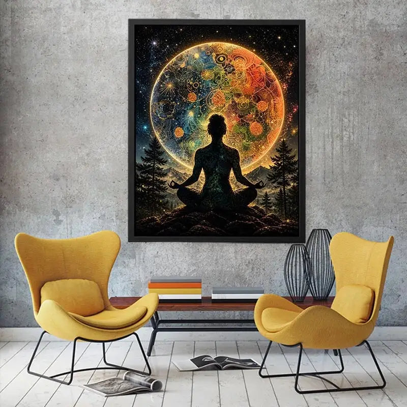 Meditating silhouette with cosmic mandala universe background and colorful celestial patterns