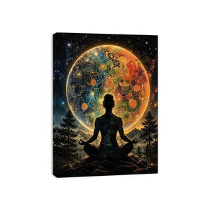 Meditating silhouette with cosmic mandala universe background and colorful celestial patterns