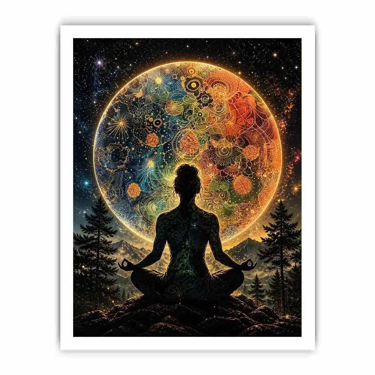 Meditating silhouette with cosmic mandala universe background and colorful celestial patterns