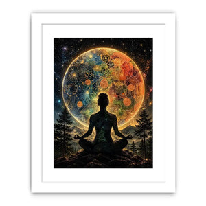 Meditating silhouette with cosmic mandala universe background and colorful celestial patterns